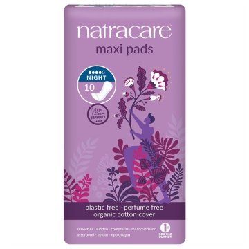 Natracare Serviettes hygiéniques Maxi - Nuit (10 pièces) Serviettes hygiéniques biodégradables en coton bio et cellulose