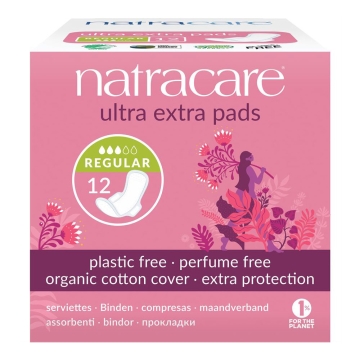 Natracare Serviettes hygiéniques Ultra Extra - Normal (12 pièces, avec ailettes) Serviettes hygiéniques biodégradables en coton biologique et en cellulose