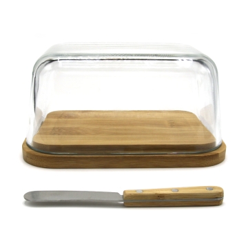 Pebbly Beurrière en bambou + couteau à beurre Beurrier en verre et bambou avec couteau à beurre
