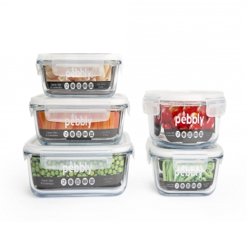 Pebbly Set van 5 Opbergdozen/Ovenschalen Set van vijf ovenschalen van borosilicaatglas met deksel