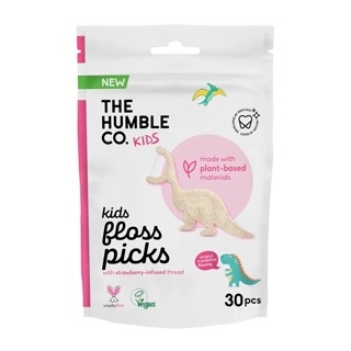 The Humble Co. Flosspicks Kids (30) 30 stuks leuke flosspicks gemaakt van maïszetmeel met aardbeismaak