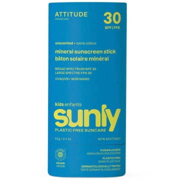 Attitude Stick solaire sans parfum pour enfants - SPF 30 Crème solaire minérale sans plastique pour le corps