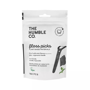 The Humble Co. Flosspicks Actieve Kool en Munt (50) 50 stuks ergonomische flosspicks gemaakt van maïszetmeel met muntsmaak en houtskool