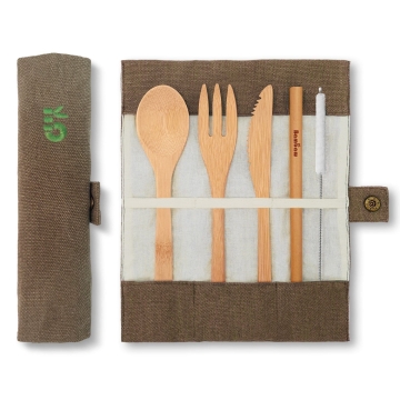 Bambaw Bamboe Bestek Set Olijf Bamboe bestek set met mes, vork, lepel, rietje en rietjesborstel in een etui