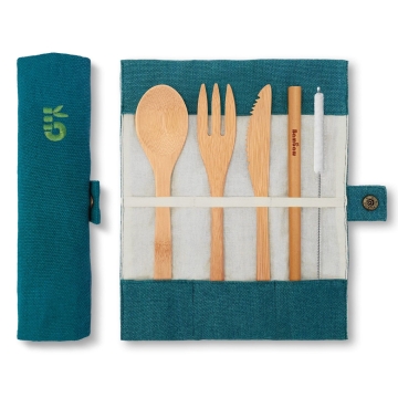 Bambaw Bamboe Bestek Set Lagoon Bamboe bestek set met mes, vork, lepel, rietje en rietjesborstel in een etui
