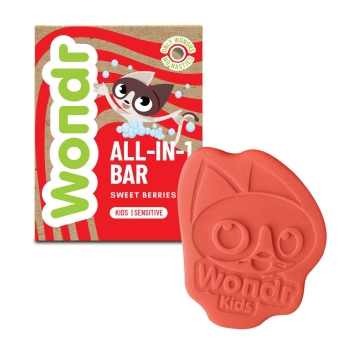 Wondr Bar pour enfants Sweet Berries Shampoing solide tout-en-un au parfum de baies sucrées, qui ne pique pas et convient à la peau et aux cheveux très sensibles des enfants