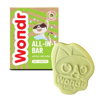 Wondr Kids Bar Apple Splash Shampoing solide tout-en-un au parfum fruité de pomme, ne pique pas et convient à la peau et aux cheveux très sensibles des enfants