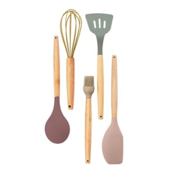 Point-Virgule Ensemble d'ustensiles de cuisine (5) Ensemble d'ustensiles de cuisine en silicone platine avec manche en bambou