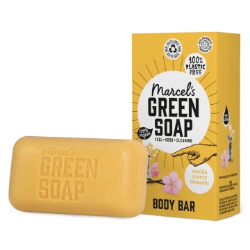 Marcel's Green Soap Savon à la vanille et à la fleur de cerisier Savon solide pour la douche à base d'ingrédients naturels, conditionné dans un emballage en carton