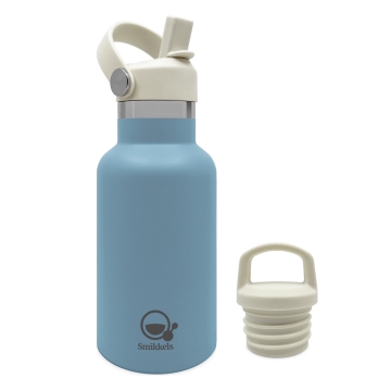 Smikkels Gourde isotherme en acier inoxydable, bleue, 350 ml Gourde isotherme à double paroi en acier inoxydable pour enfants, avec bouchon hermétique et bouchon à paille, 350 ml