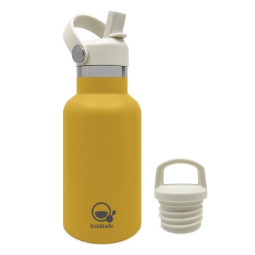 Smikkels Gourde isotherme en acier inoxydable, jaune, 350 ml Gourde isotherme en acier inoxydable à double paroi pour enfants, avec bouchon hermétique et bouchon à paille, 350 ml