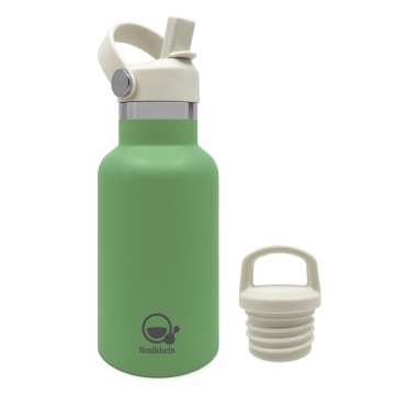 Smikkels Gourde isotherme en acier inoxydable, verte, 350 ml Gourde isotherme à double paroi en acier inoxydable pour enfants, avec bouchon de fermeture et bouchon à paille, 350 ml