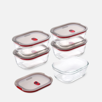 Black+Blum Stack + Nest Glazen Voorraaddozen Small - Set van 5 Set van 5 glazen bewaardozen die stapelbaar en nestbaar zijn, luchtdicht en lekvrij